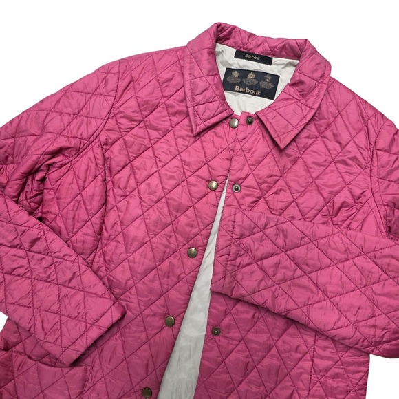 Barbour Quilted Spring Barn Chore Jacket Pink Diamond Stitch Snap Front Size‎ 10 - Picture 2 of 8